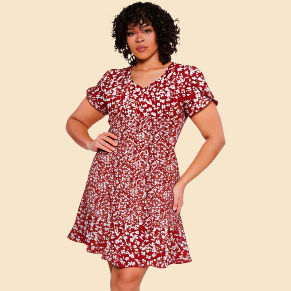 Women's Casual Floral Sundress, A Line,  V Neck, RED Floral, Size XL